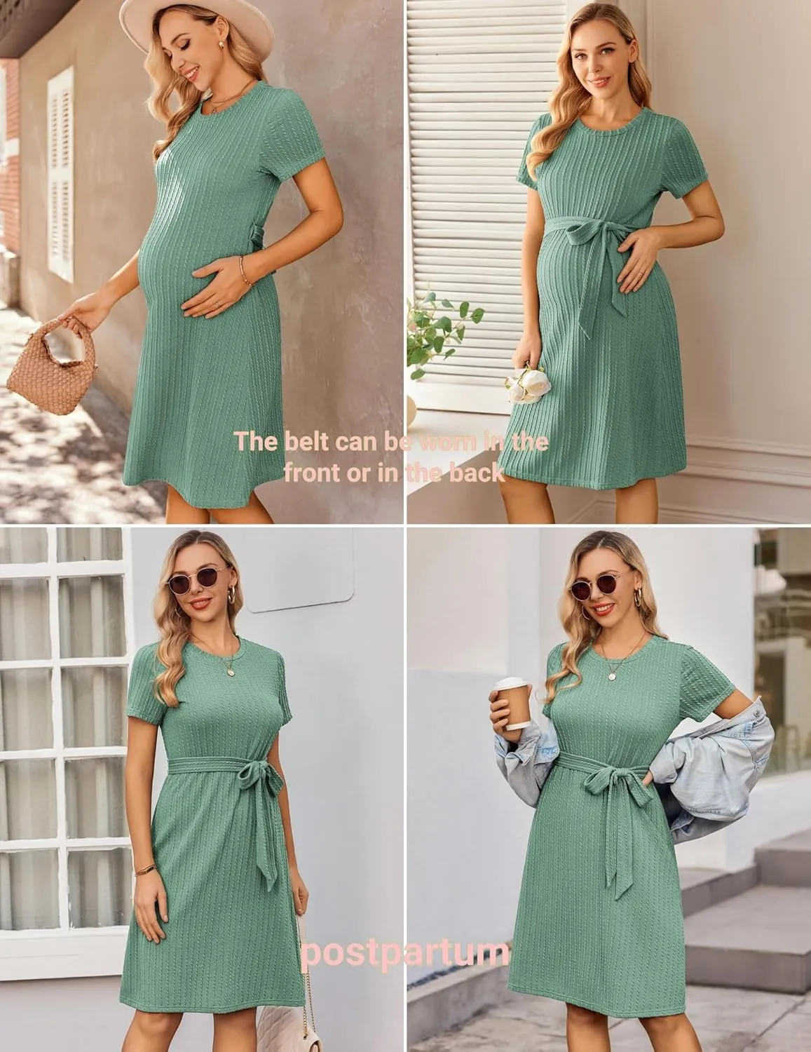 Ekouaer Women's Maternity Dress Short Sleeve Casual Pregnancy Dresses Rib Knit Crewneck Pregnant Clothes with Belt