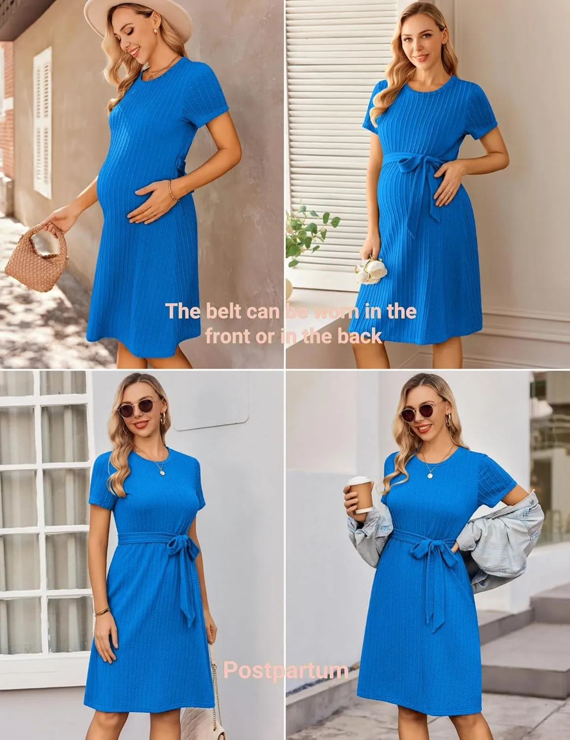 Ekouaer Women's Maternity Dress Short Sleeve Casual Pregnancy Dresses Rib Knit Crewneck Pregnant Clothes with Belt