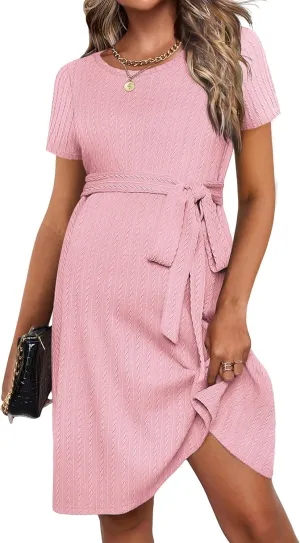 Ekouaer Women's Maternity Dress Short Sleeve Casual Pregnancy Dresses Rib Knit Crewneck Pregnant Clothes with Belt