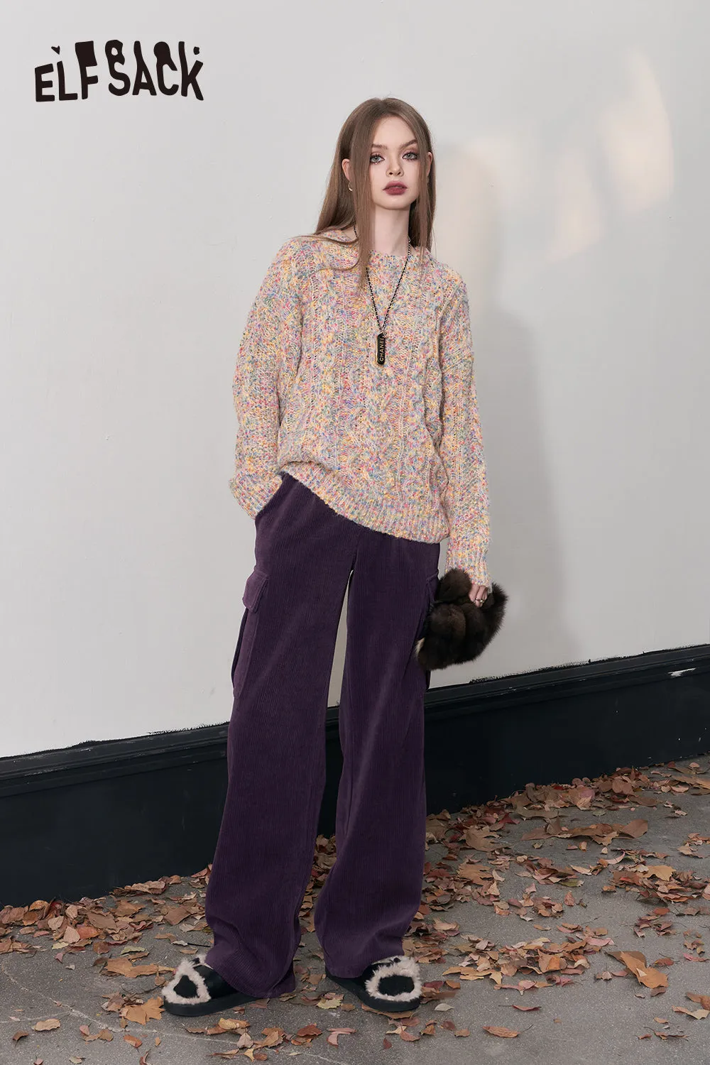 ELFSACK Kpop Corduroy Cargo Pants Women 2023 Winter Straught Cool Trousers