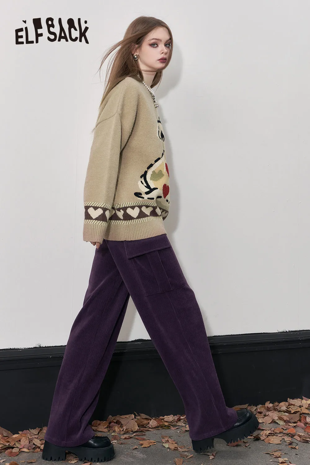 ELFSACK Kpop Corduroy Cargo Pants Women 2023 Winter Straught Cool Trousers