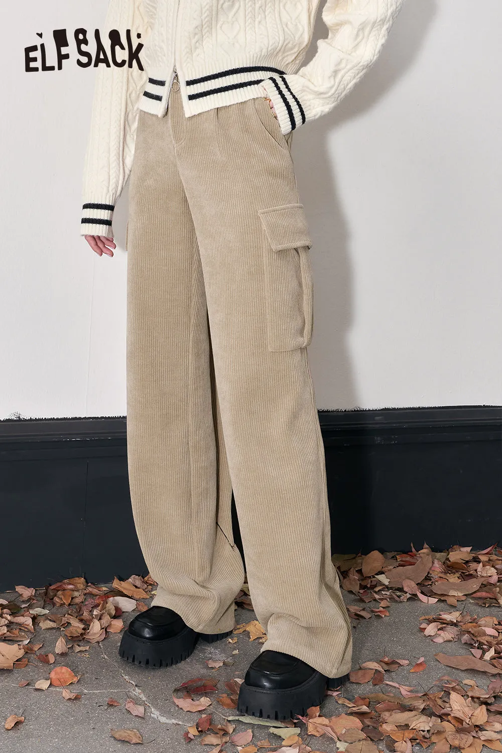 ELFSACK Kpop Corduroy Cargo Pants Women 2023 Winter Straught Cool Trousers