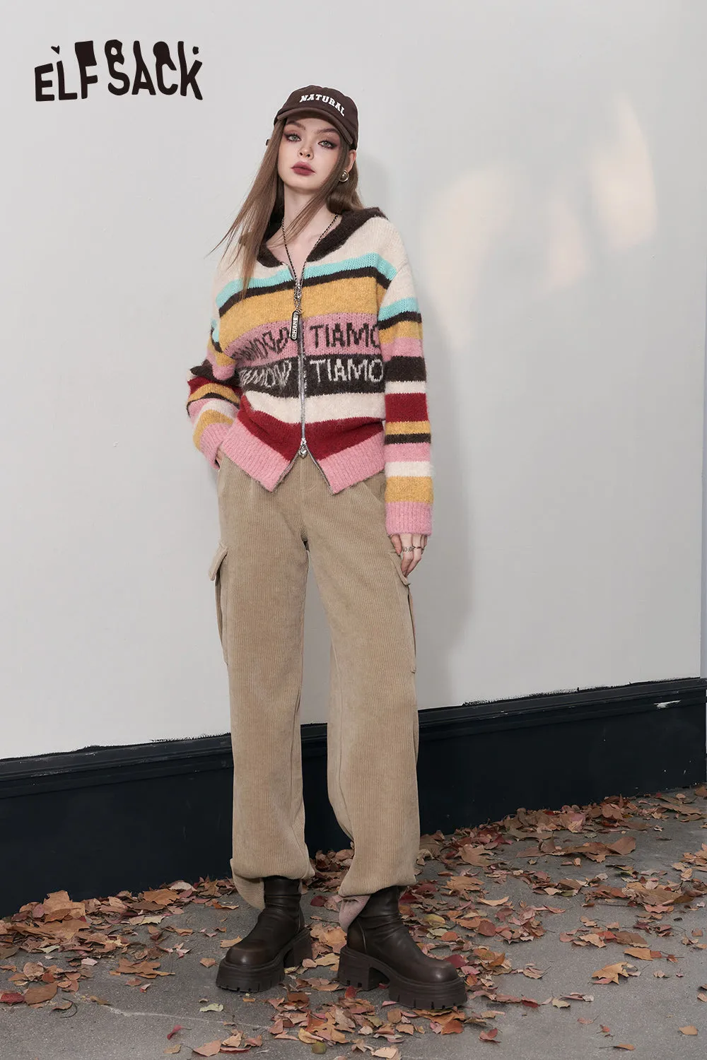 ELFSACK Kpop Corduroy Cargo Pants Women 2023 Winter Straught Cool Trousers