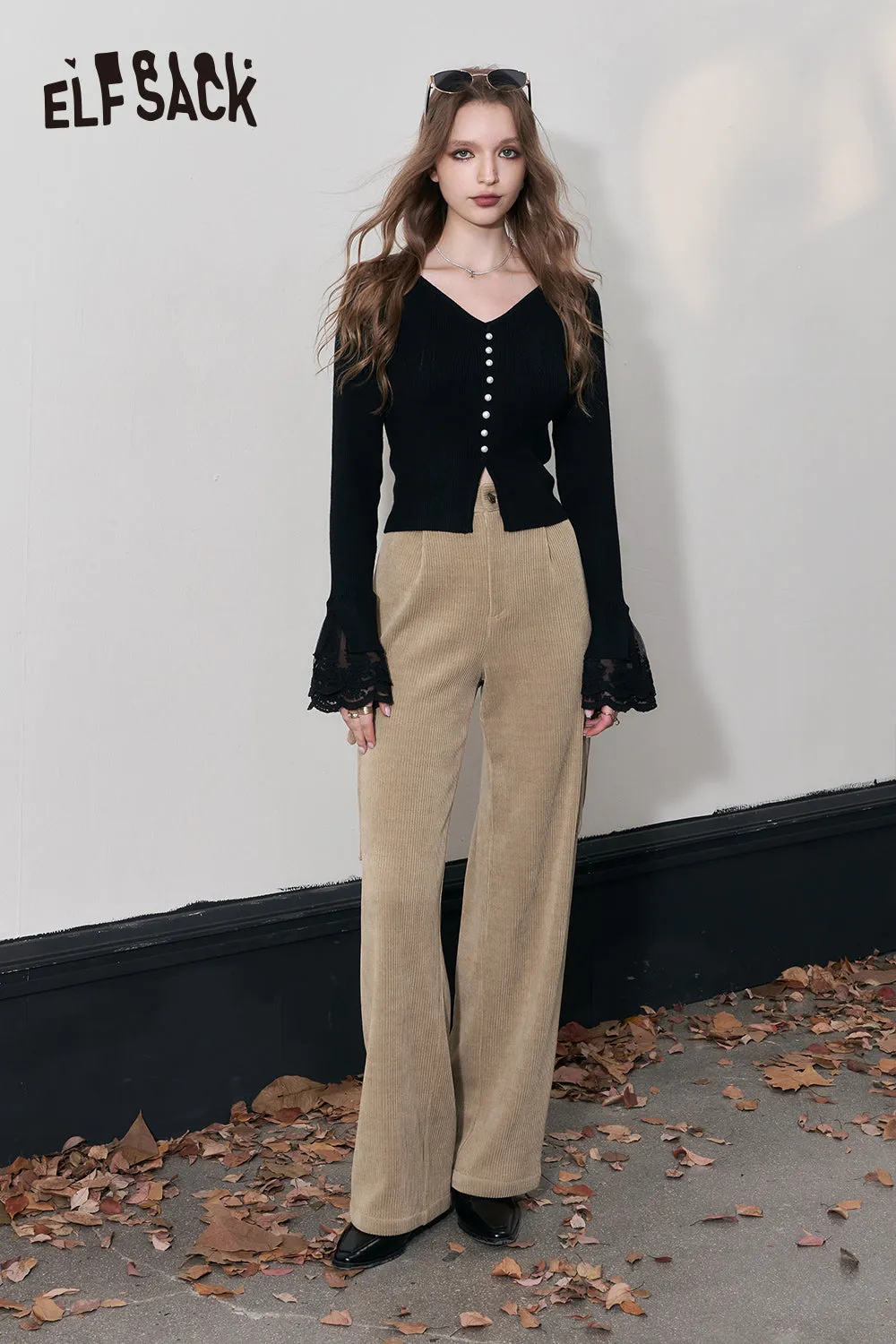 ELFSACK Kpop Corduroy Cargo Pants Women 2023 Winter Straught Cool Trousers