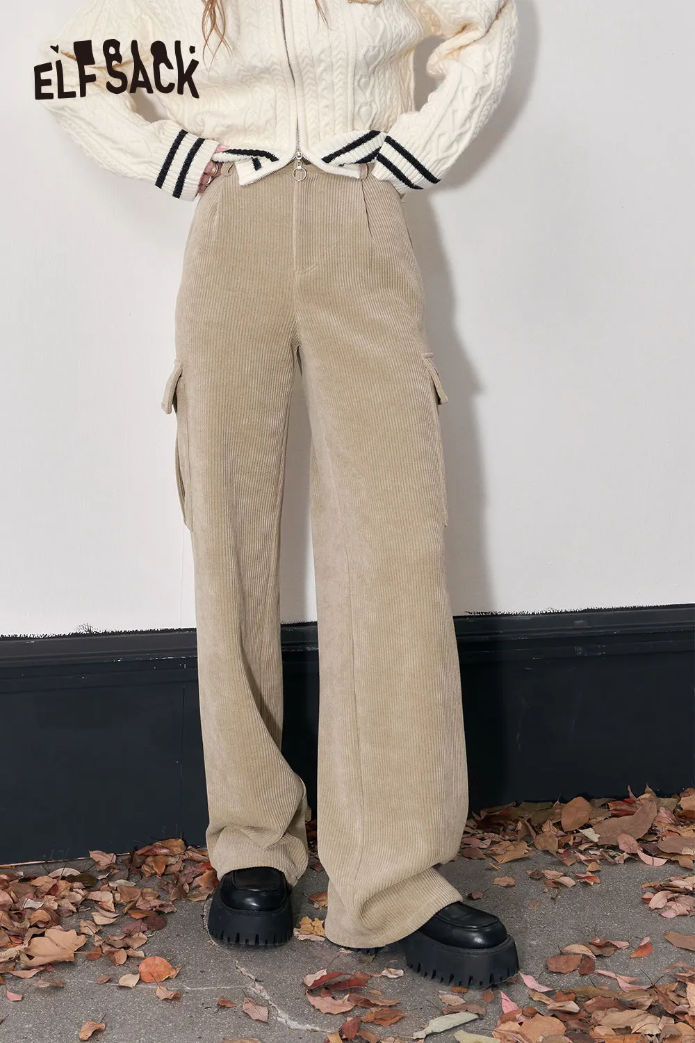 ELFSACK Kpop Corduroy Cargo Pants Women 2023 Winter Straught Cool Trousers