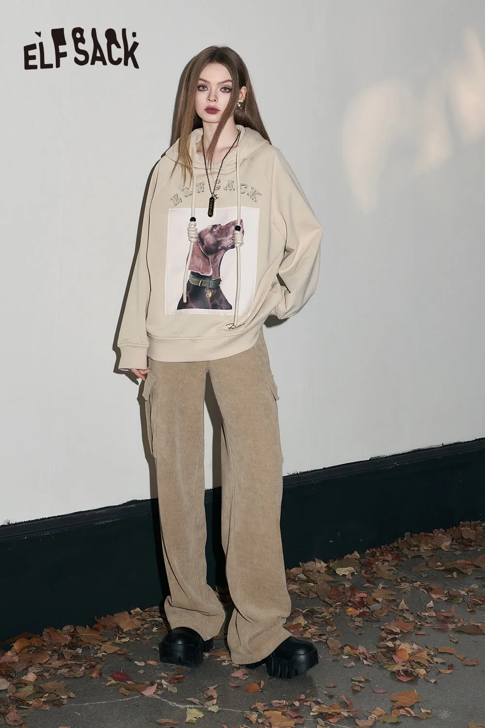 ELFSACK Kpop Corduroy Cargo Pants Women 2023 Winter Straught Cool Trousers