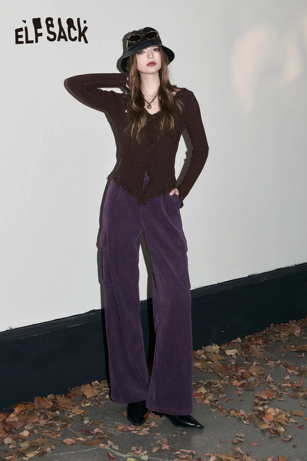 ELFSACK Kpop Corduroy Cargo Pants Women 2023 Winter Straught Cool Trousers