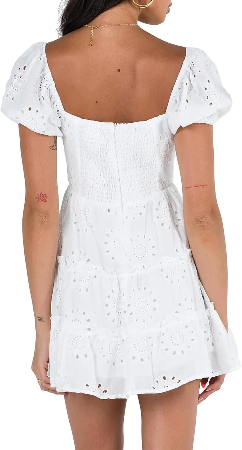 Faretumiya Summer Puff Sleeve Boho Mini Dress Y2k A Line Casual Flowy Sundress Backless Slim Off Shoulder Swing Beach Dress