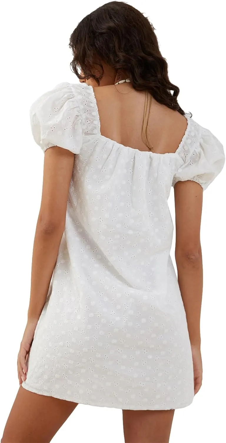Faretumiya Summer Puff Sleeve Boho Mini Dress Y2k A Line Casual Flowy Sundress Backless Slim Off Shoulder Swing Beach Dress