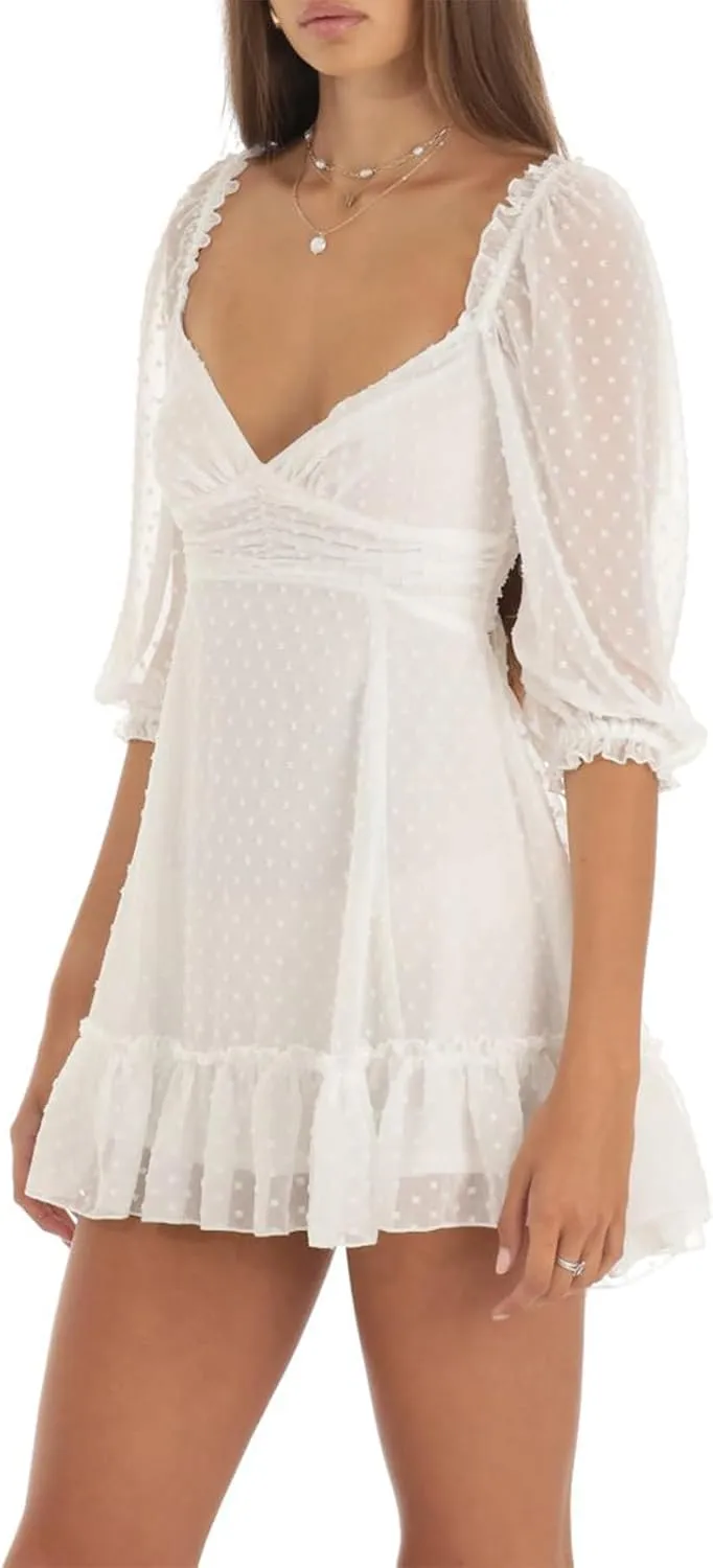 Faretumiya Summer Puff Sleeve Boho Mini Dress Y2k A Line Casual Flowy Sundress Backless Slim Off Shoulder Swing Beach Dress