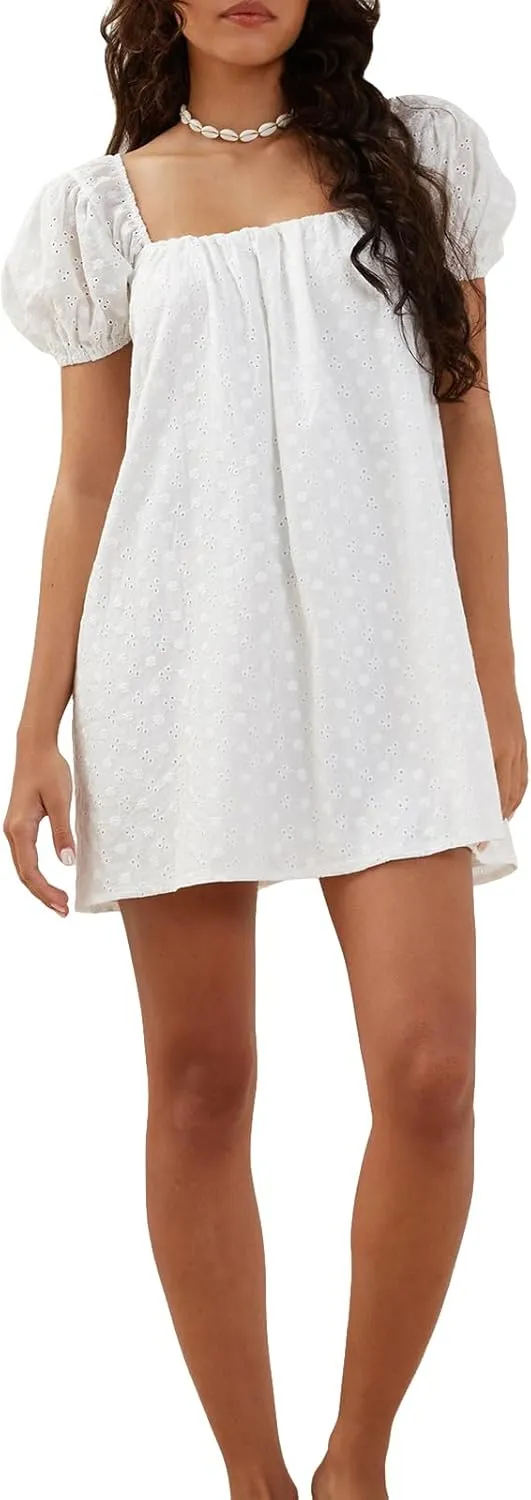 Faretumiya Summer Puff Sleeve Boho Mini Dress Y2k A Line Casual Flowy Sundress Backless Slim Off Shoulder Swing Beach Dress