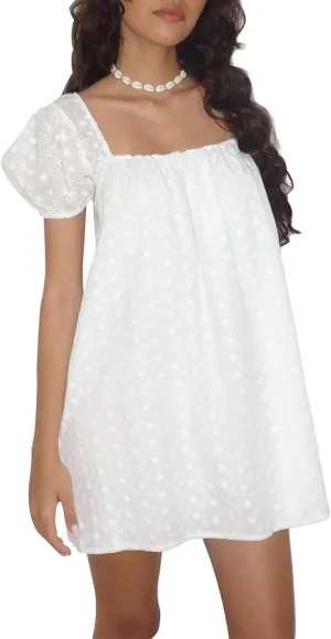 Faretumiya Summer Puff Sleeve Boho Mini Dress Y2k A Line Casual Flowy Sundress Backless Slim Off Shoulder Swing Beach Dress