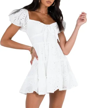 Faretumiya Summer Puff Sleeve Boho Mini Dress Y2k A Line Casual Flowy Sundress Backless Slim Off Shoulder Swing Beach Dress