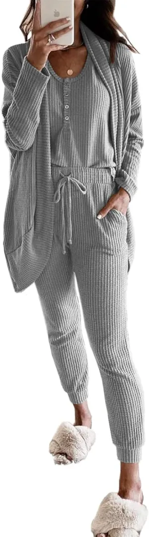 Fessceruna Womens Waffle Knit 3 Piece Lounge Sets Pajama Tank Top Long Sleeve Cardigan and Pants Loungewear Outfit