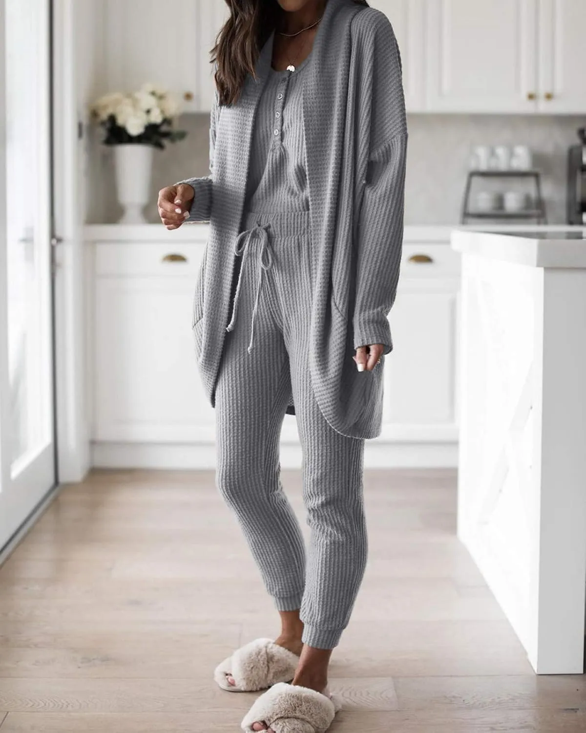 Fessceruna Womens Waffle Knit 3 Piece Lounge Sets Pajama Tank Top Long Sleeve Cardigan and Pants Loungewear Outfit