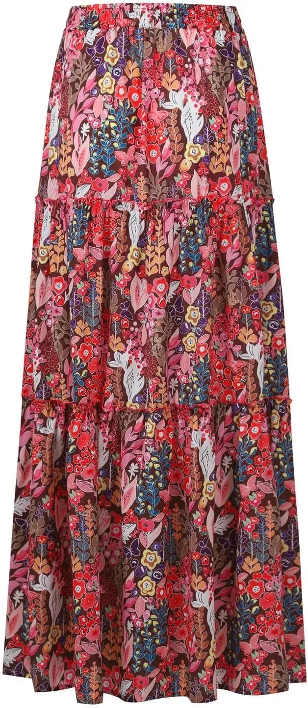 FlekmanArt Pleated Long Skirts for Women Summer Casual Elastic High Waisted Skirts A-Line Flowy Swing Maxi Skirt with Pockets