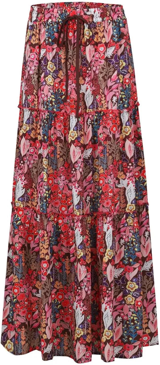 FlekmanArt Pleated Long Skirts for Women Summer Casual Elastic High Waisted Skirts A-Line Flowy Swing Maxi Skirt with Pockets