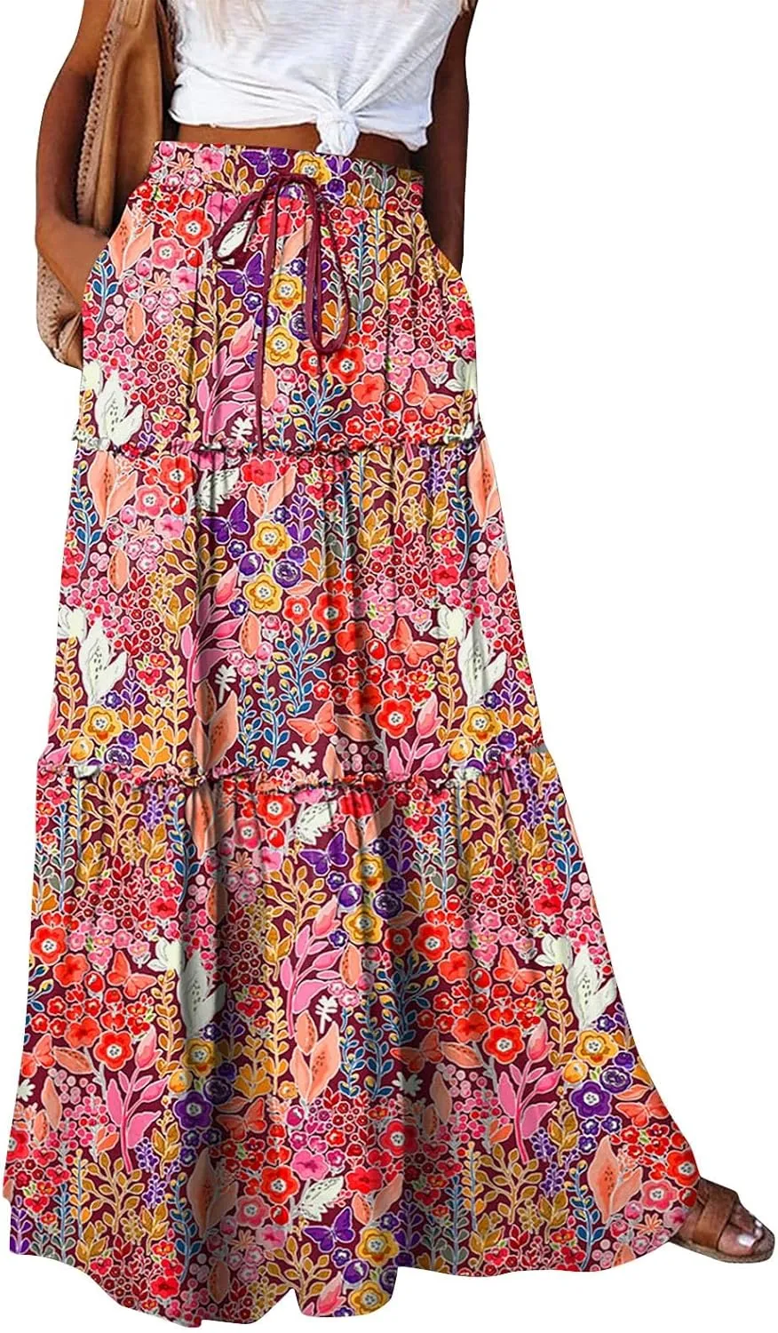 FlekmanArt Pleated Long Skirts for Women Summer Casual Elastic High Waisted Skirts A-Line Flowy Swing Maxi Skirt with Pockets
