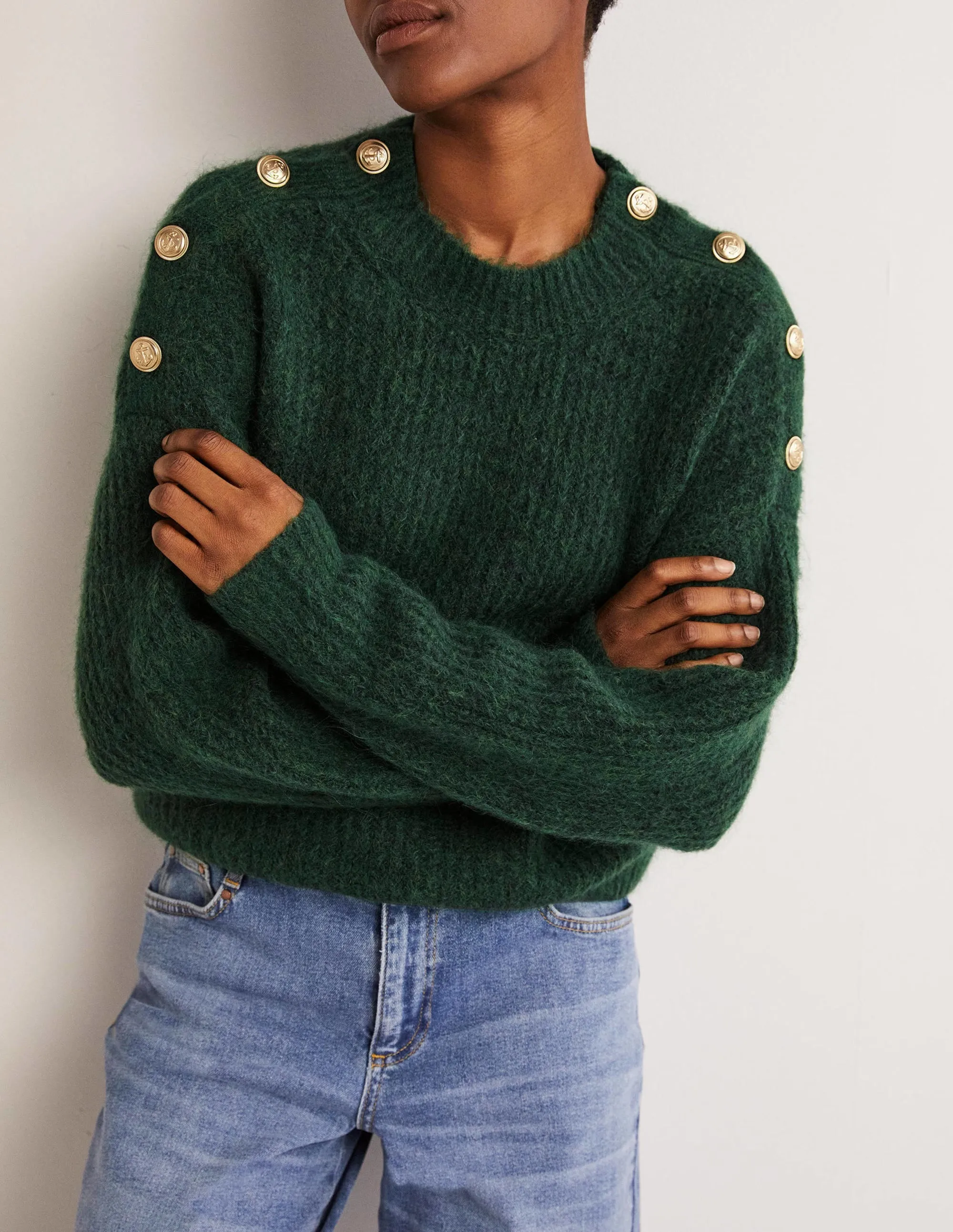 Fluffy Ribbed Button Jumper-Hunter Green