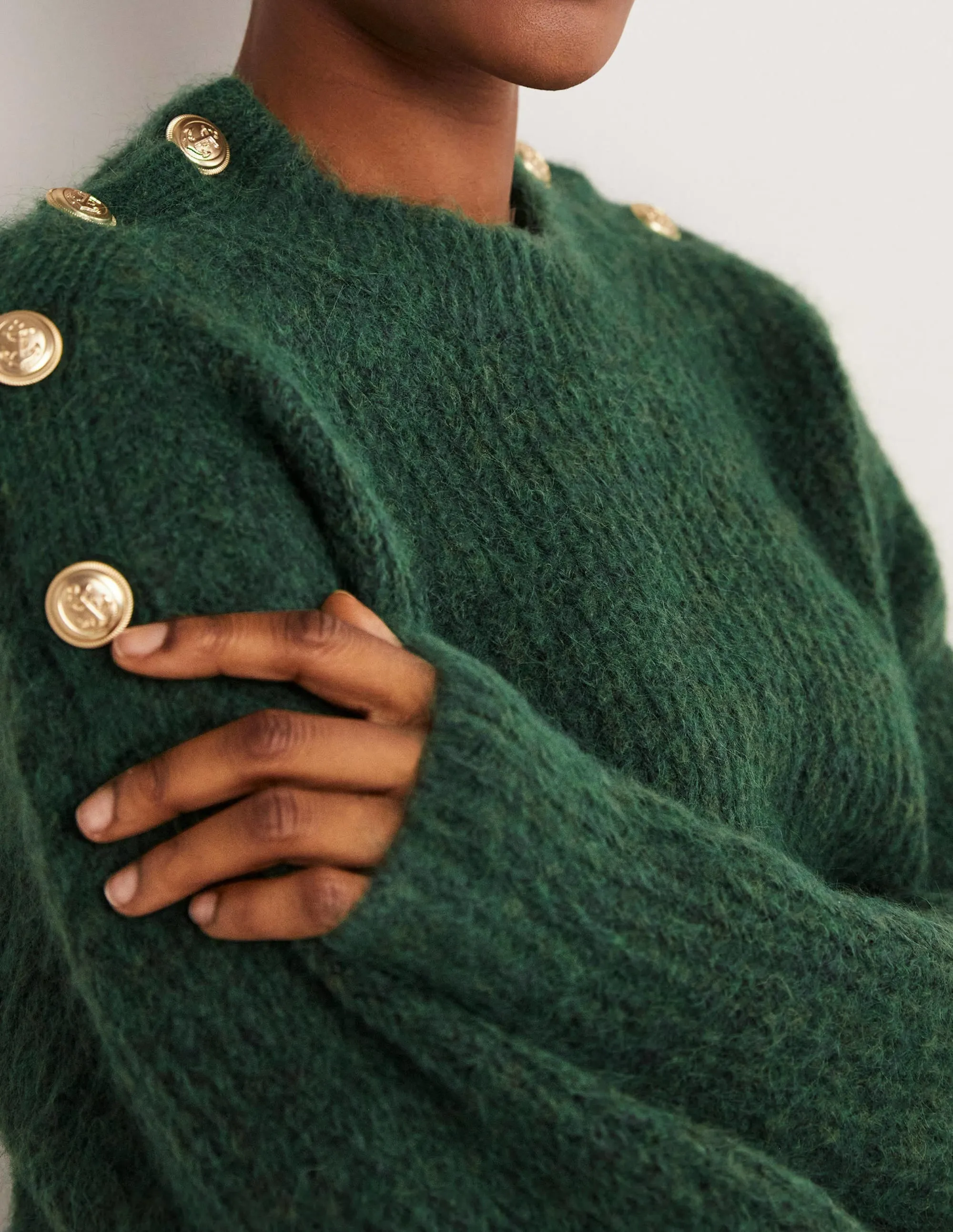 Fluffy Ribbed Button Jumper-Hunter Green