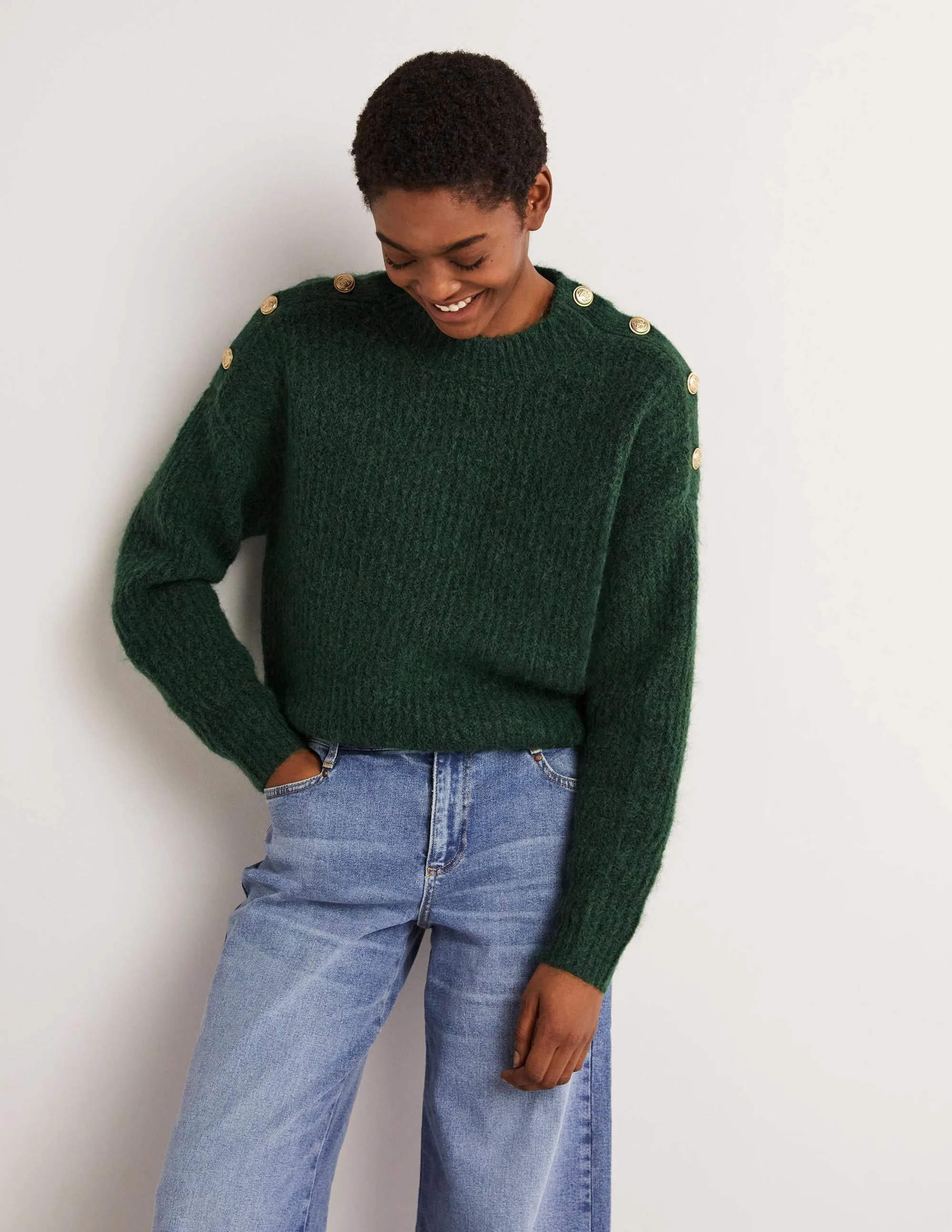 Fluffy Ribbed Button Jumper-Hunter Green