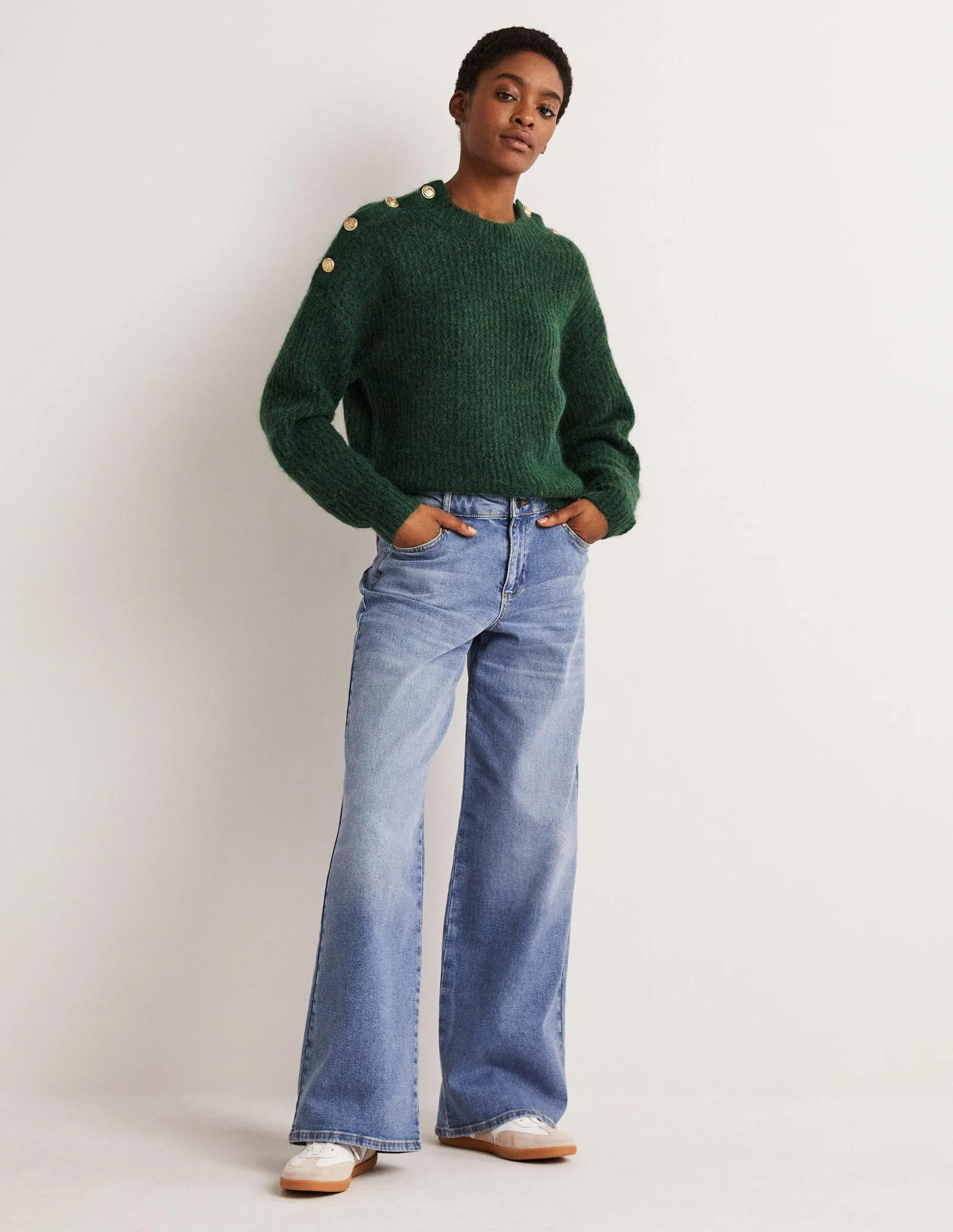 Fluffy Ribbed Button Jumper-Hunter Green