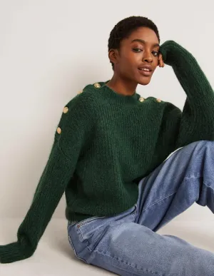 Fluffy Ribbed Button Jumper-Hunter Green