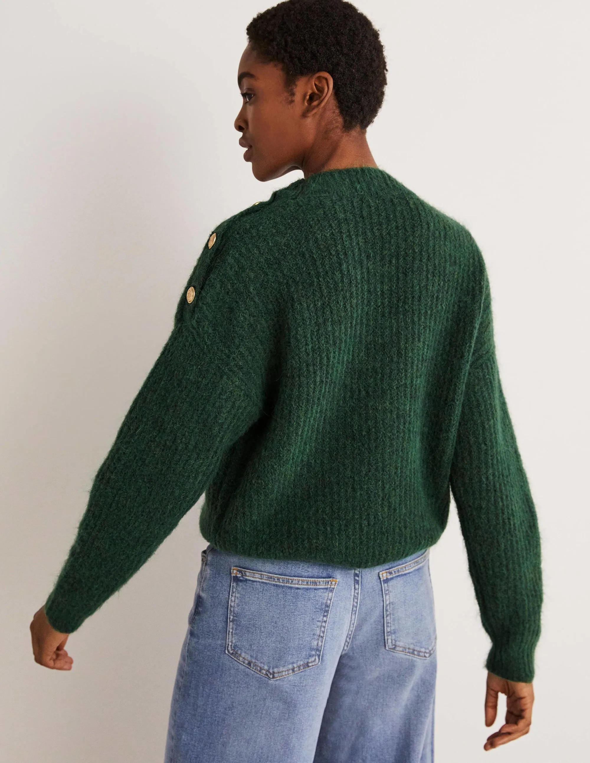 Fluffy Ribbed Button Jumper-Hunter Green