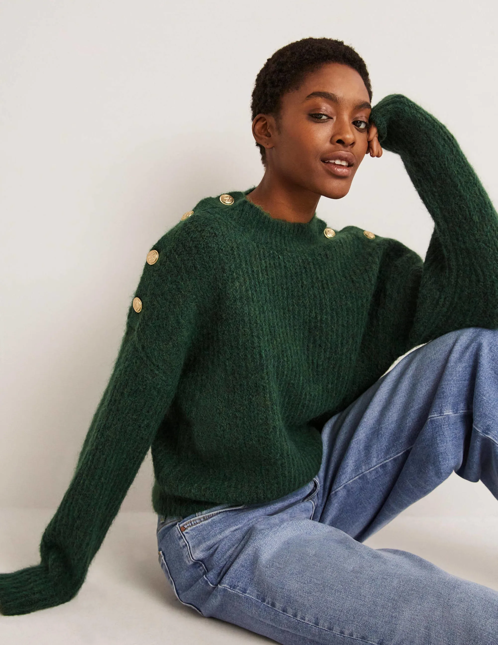 Fluffy Ribbed Button Jumper-Hunter Green