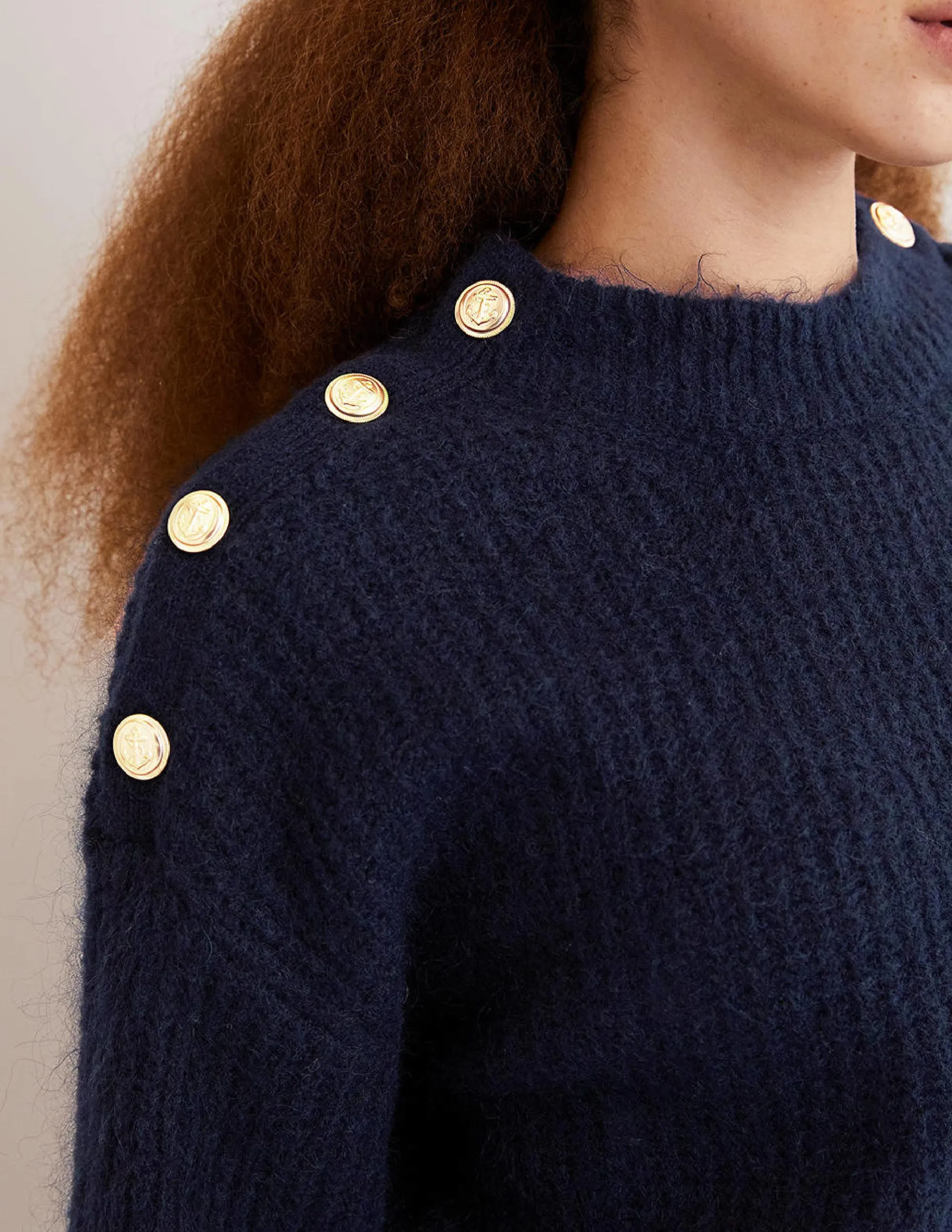 Fluffy Ribbed Button Jumper-Navy