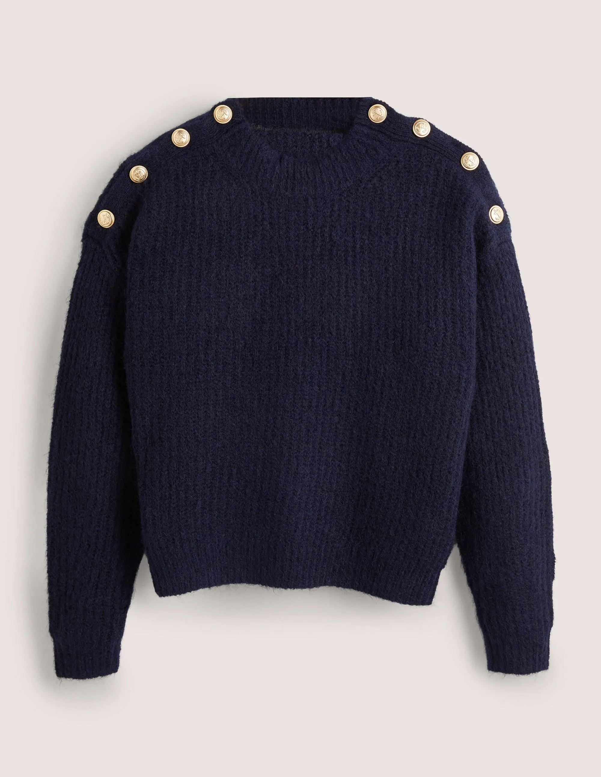 Fluffy Ribbed Button Jumper-Navy