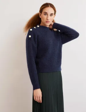 Fluffy Ribbed Button Jumper-Navy