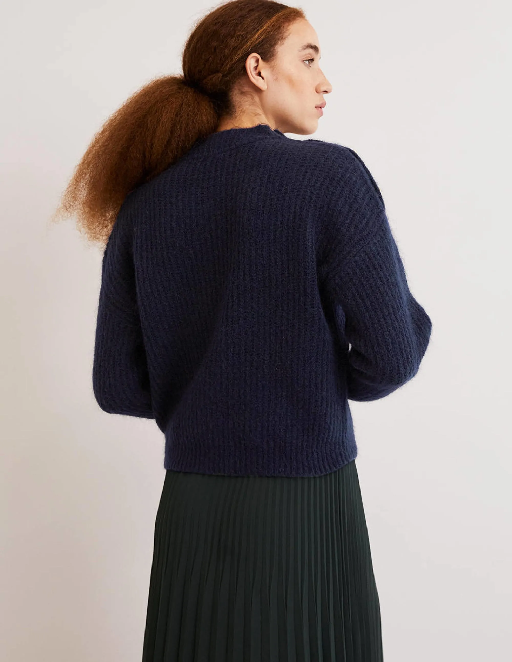 Fluffy Ribbed Button Jumper-Navy