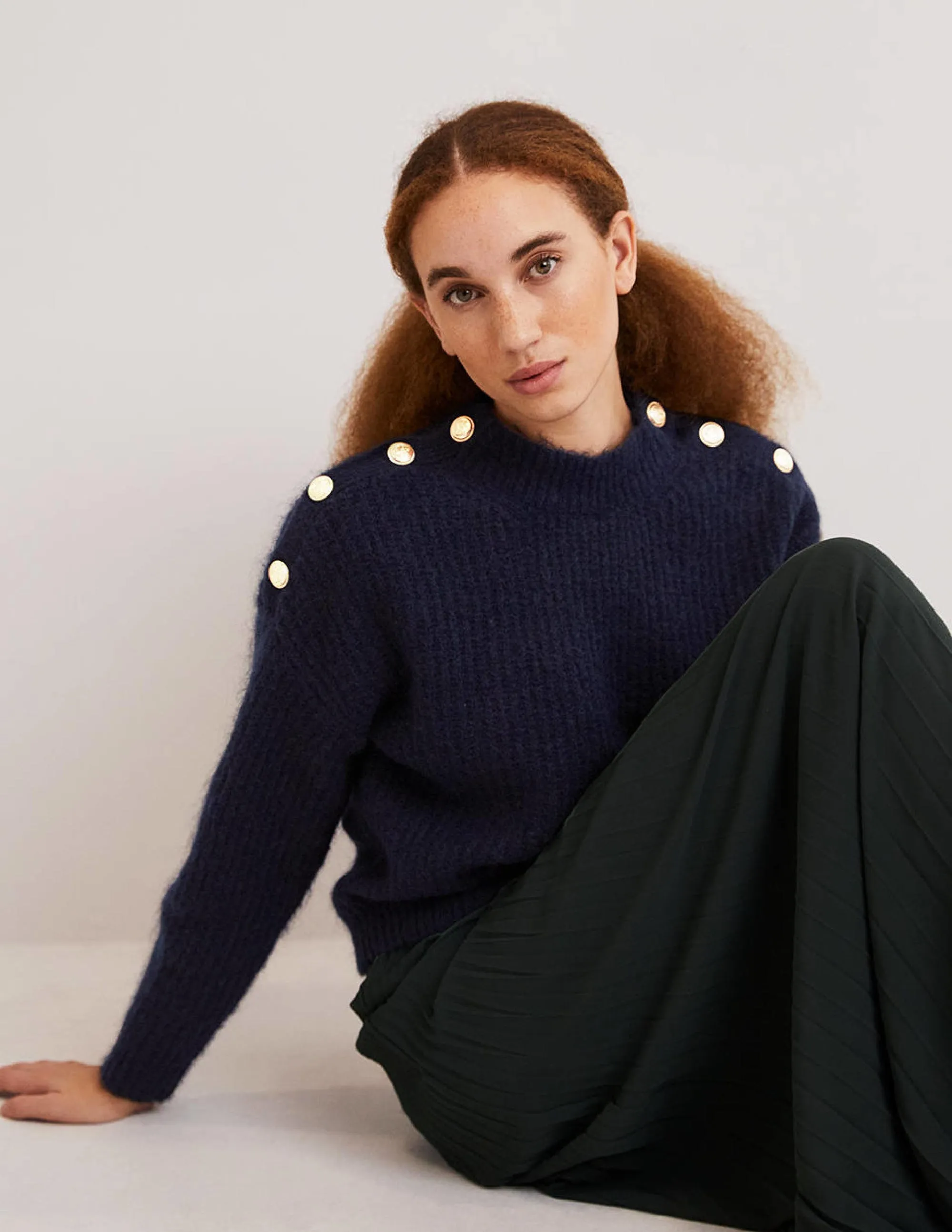 Fluffy Ribbed Button Jumper-Navy