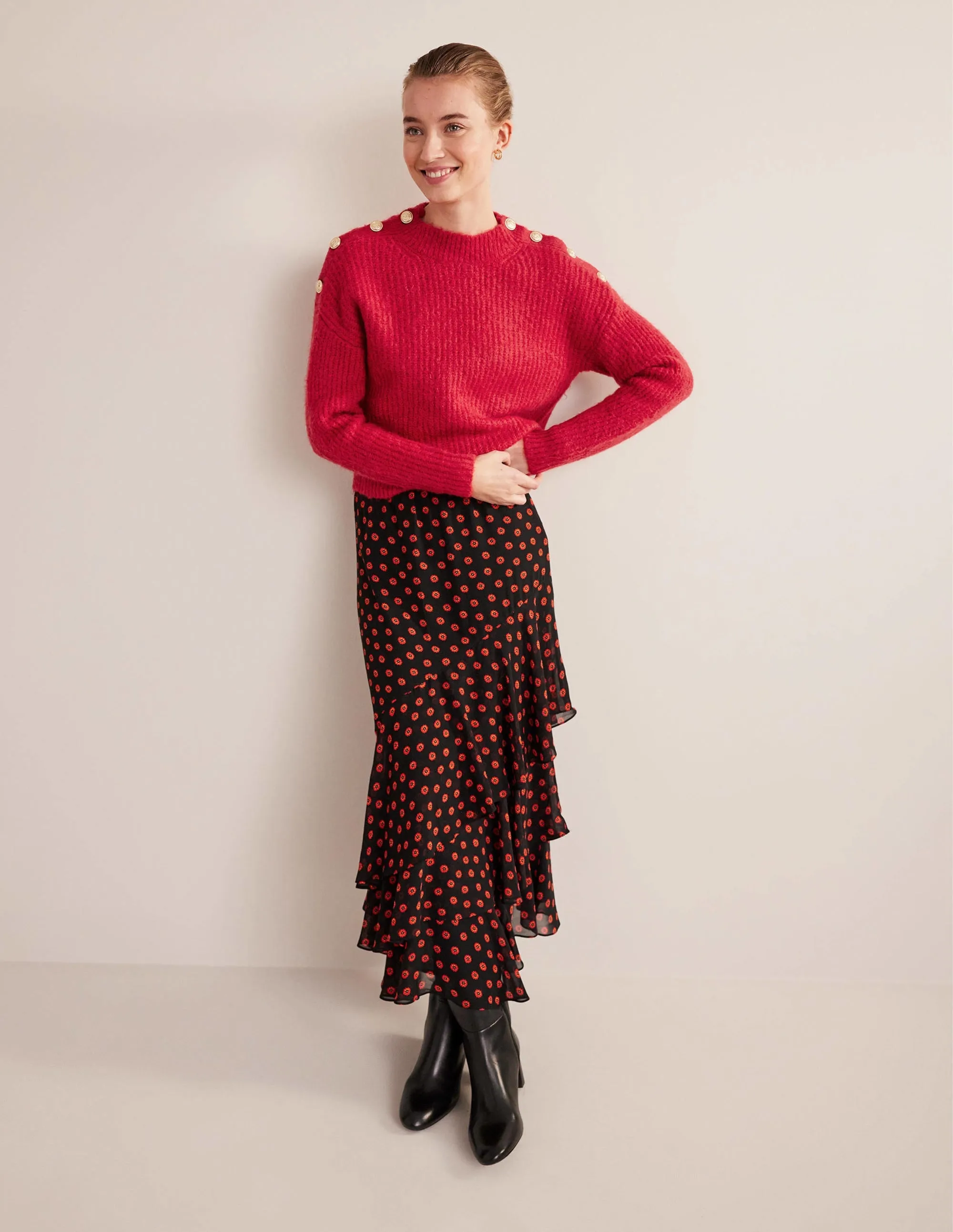 Fluffy Ribbed Button Jumper-Ruby