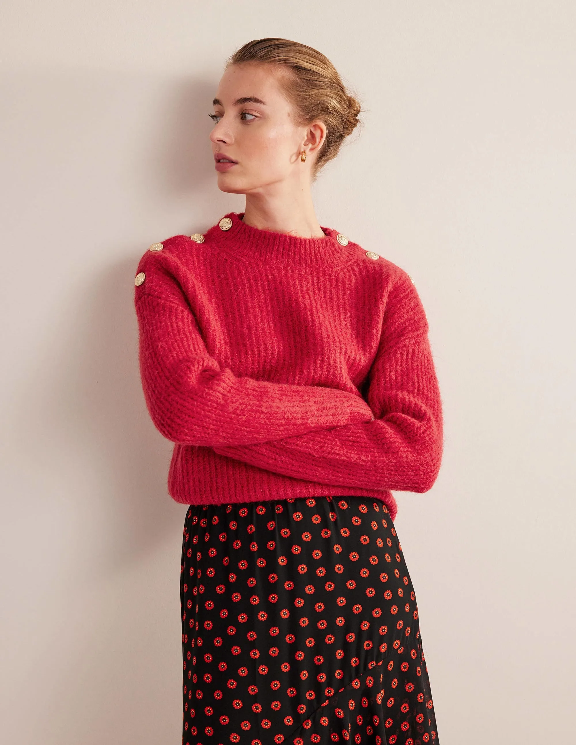 Fluffy Ribbed Button Jumper-Ruby