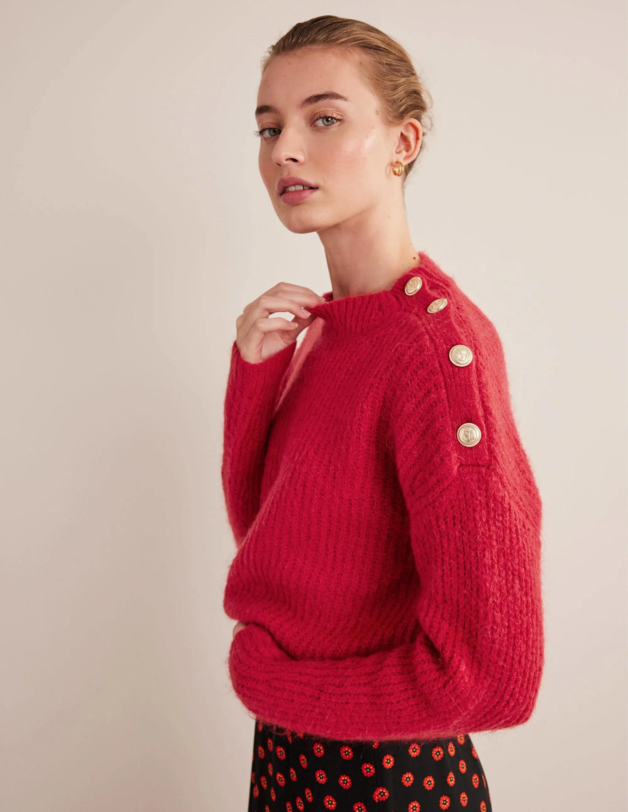 Fluffy Ribbed Button Jumper-Ruby