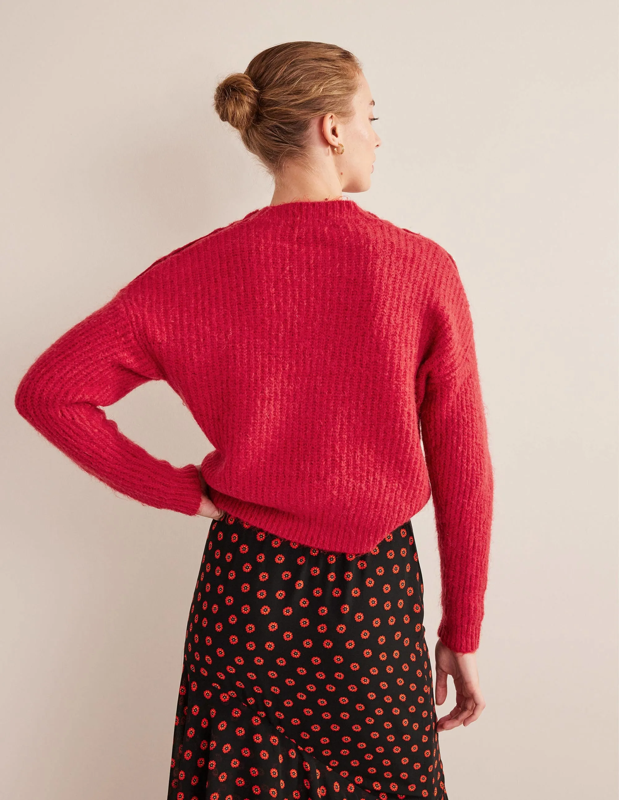 Fluffy Ribbed Button Jumper-Ruby