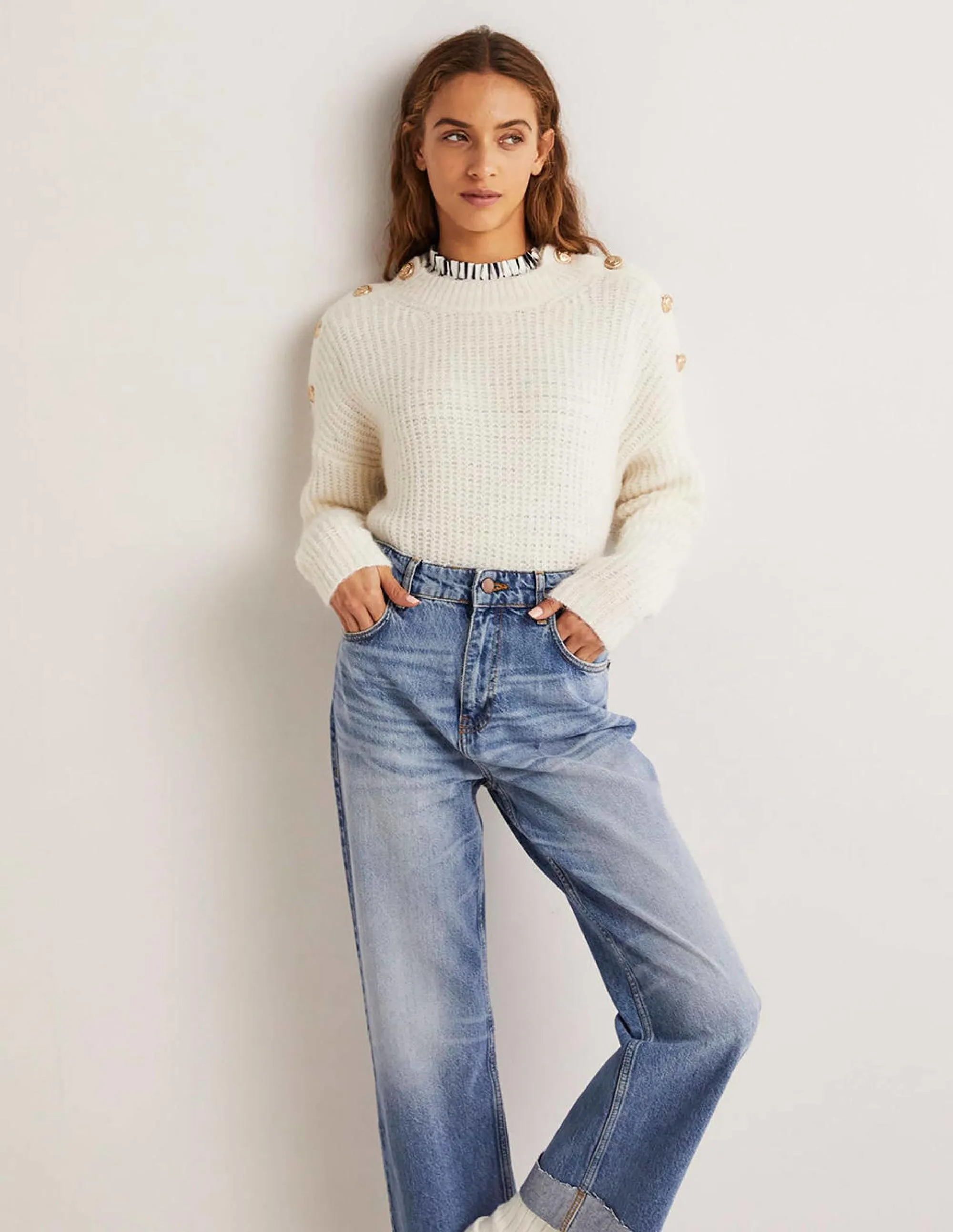 Fluffy Ribbed Button Jumper-Warm Ivory