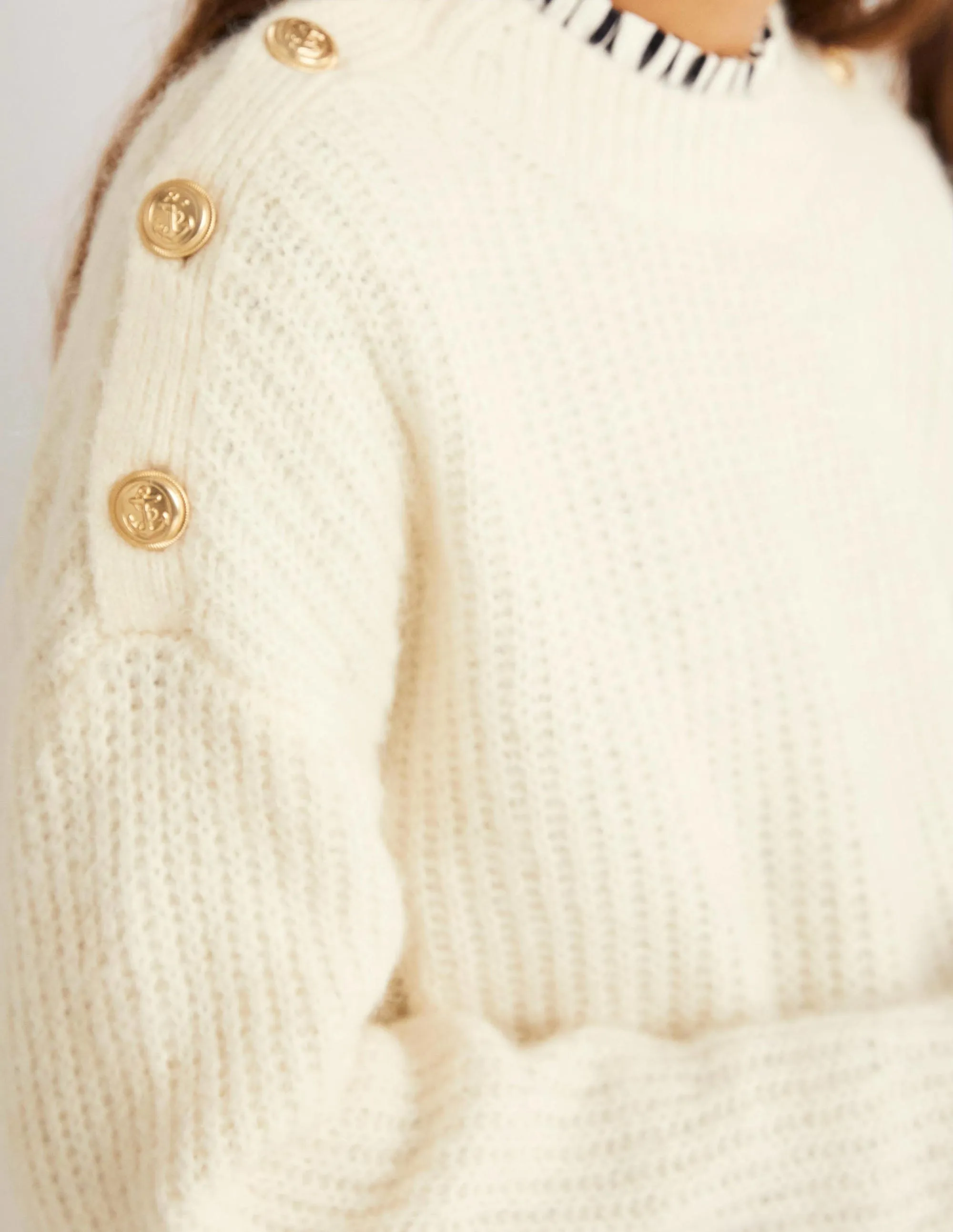 Fluffy Ribbed Button Jumper-Warm Ivory