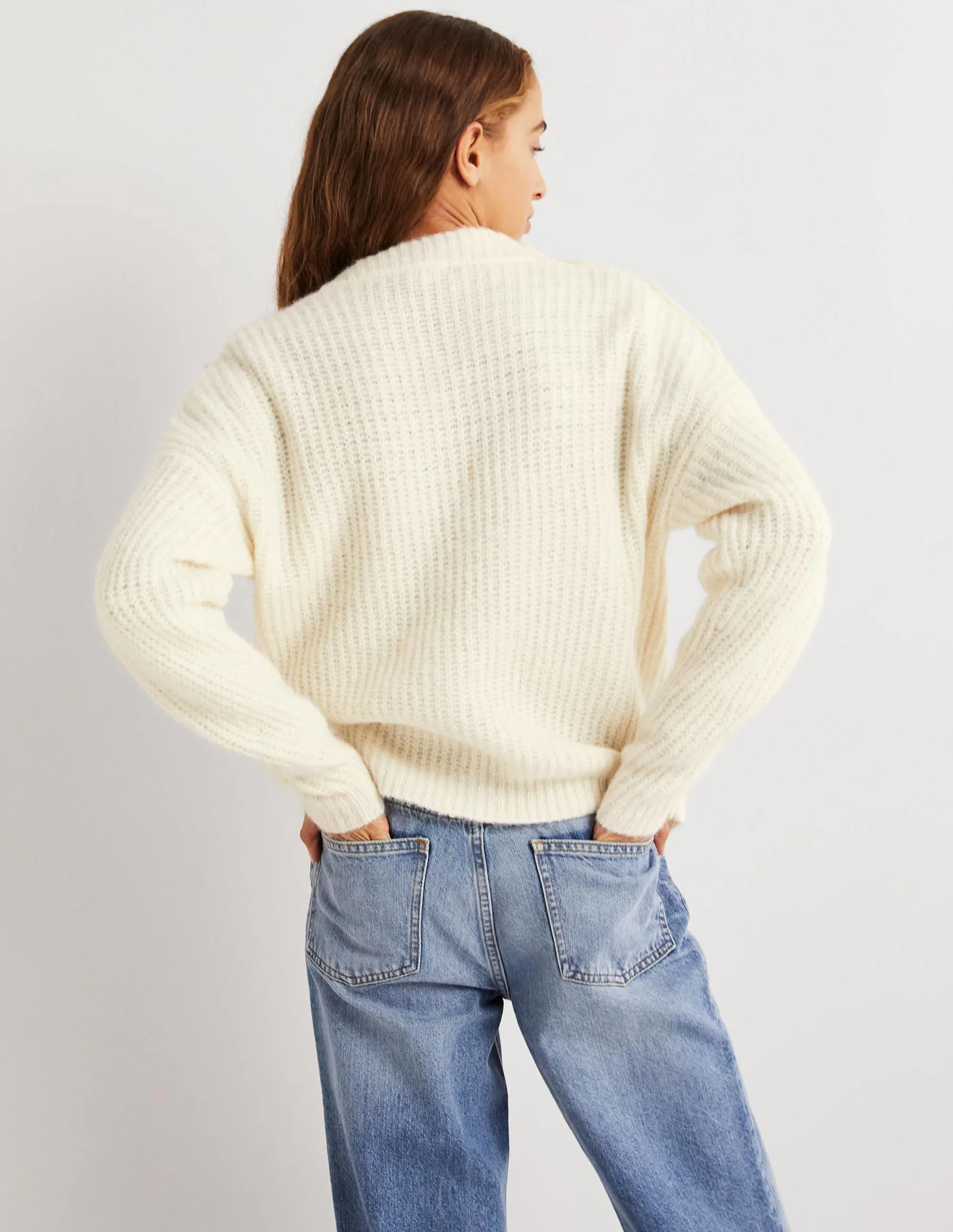 Fluffy Ribbed Button Jumper-Warm Ivory