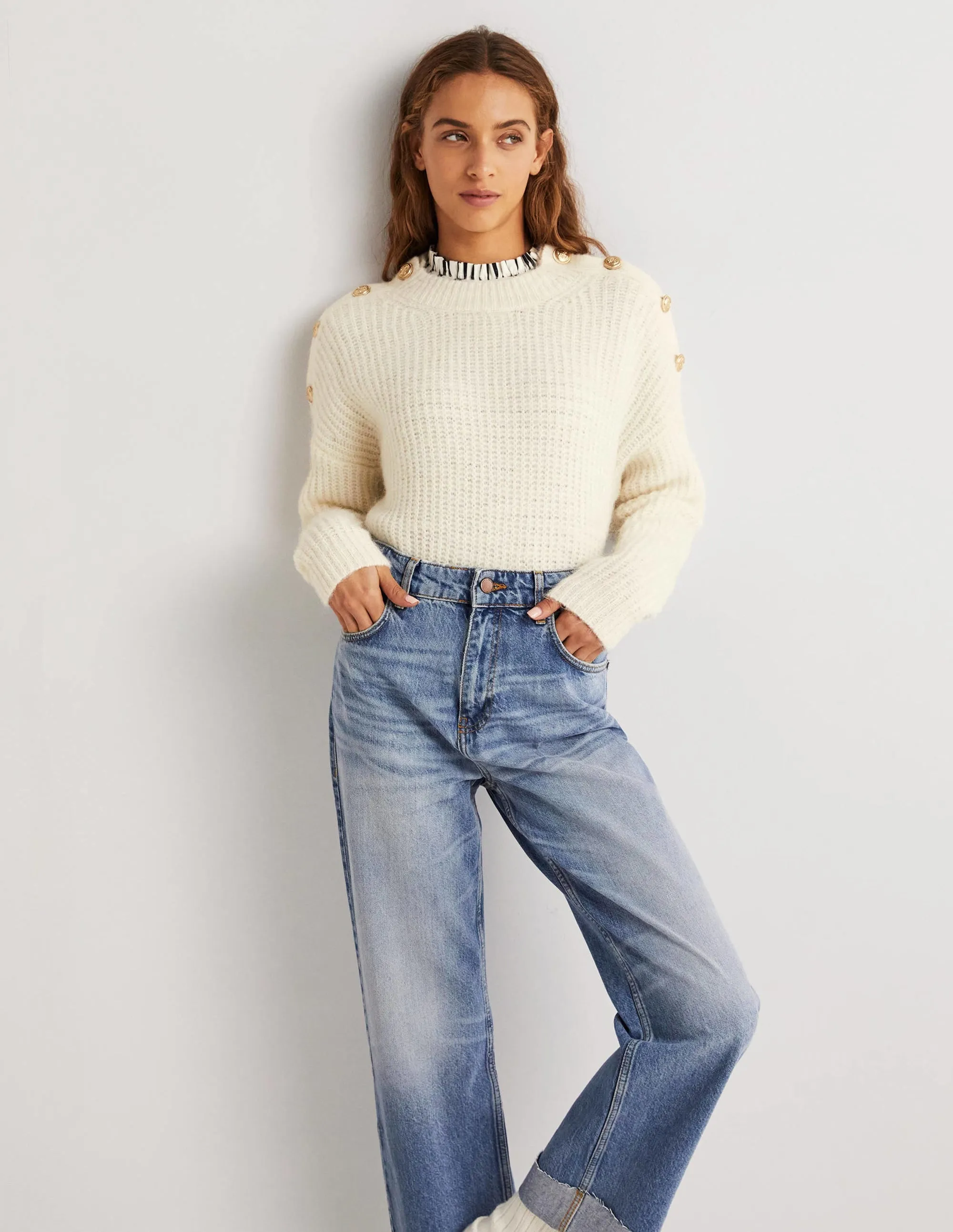 Fluffy Ribbed Button Jumper-Warm Ivory