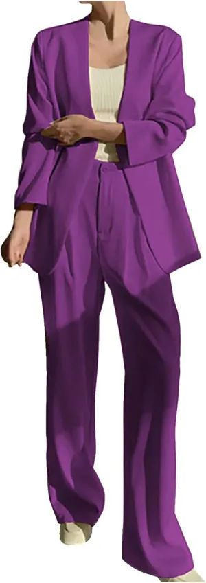 HGps8w Two Piece Blazer Outfits for Women Loose Open Front Suit Jacket and Straight Pants Office Lady Business Work Suits
