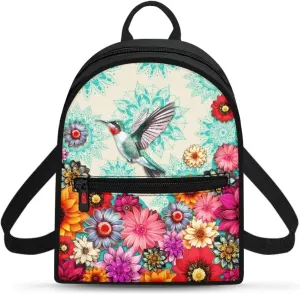 Hummingbird Small Backpack Purse for Women Teens Colorful Flower School Bookbag for Students Waterproof Purse for Travel Outdoor Sport Personalized Gifts for Women