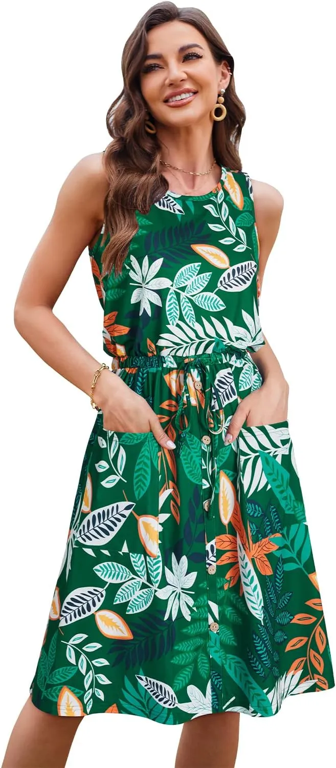 II ININ Women's Summer Casual Dress Sleeveless Midi Tank Dress Drawstring Button Down Sundress with Pockets