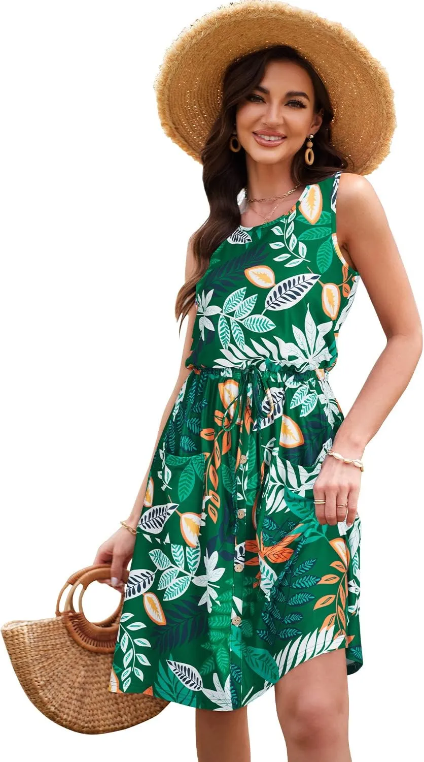 II ININ Women's Summer Casual Dress Sleeveless Midi Tank Dress Drawstring Button Down Sundress with Pockets