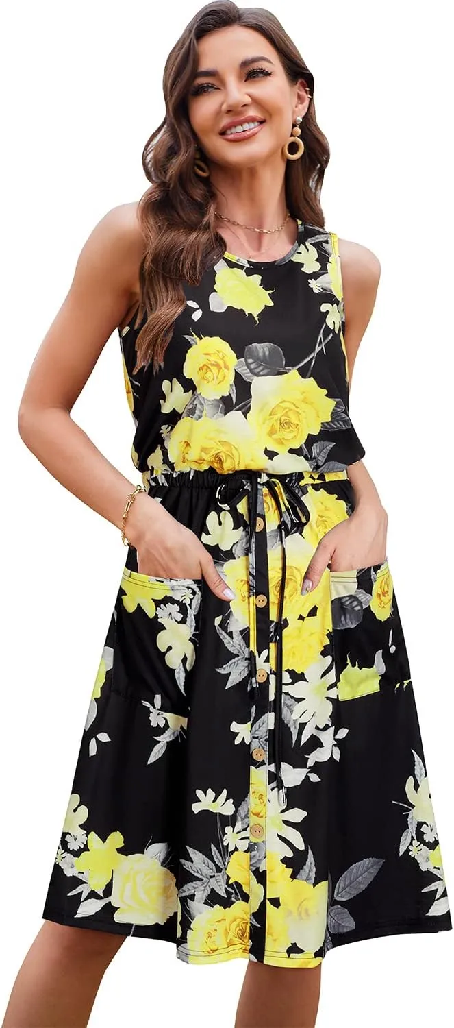 II ININ Women's Summer Casual Dress Sleeveless Midi Tank Dress Drawstring Button Down Sundress with Pockets