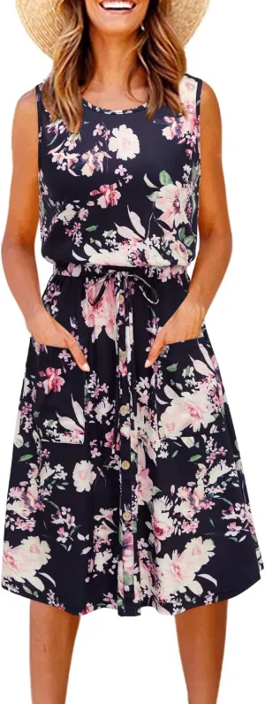II ININ Women's Summer Casual Dress Sleeveless Midi Tank Dress Drawstring Button Down Sundress with Pockets