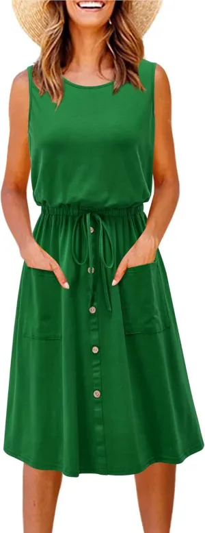 II ININ Women's Summer Casual Dress Sleeveless Midi Tank Dress Drawstring Button Down Sundress with Pockets