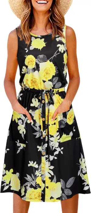 II ININ Women's Summer Casual Dress Sleeveless Midi Tank Dress Drawstring Button Down Sundress with Pockets